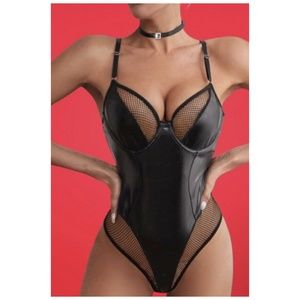 Black PU & Mesh Net Sexy Party High Cut Bodysuit Teddy W/ Choker Sz L B36/C Cup